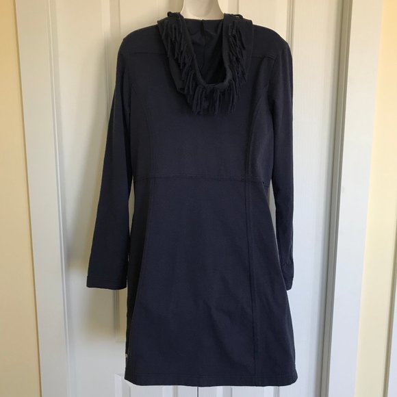 Neon Buddha Navy Blue Hooded Fringed 3/4 Length Jacket Tunic Button Front Top - Picture 4 of 6